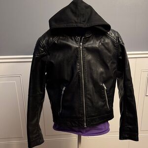 H&M Black Leather-Style Hooded Jacket for Kids